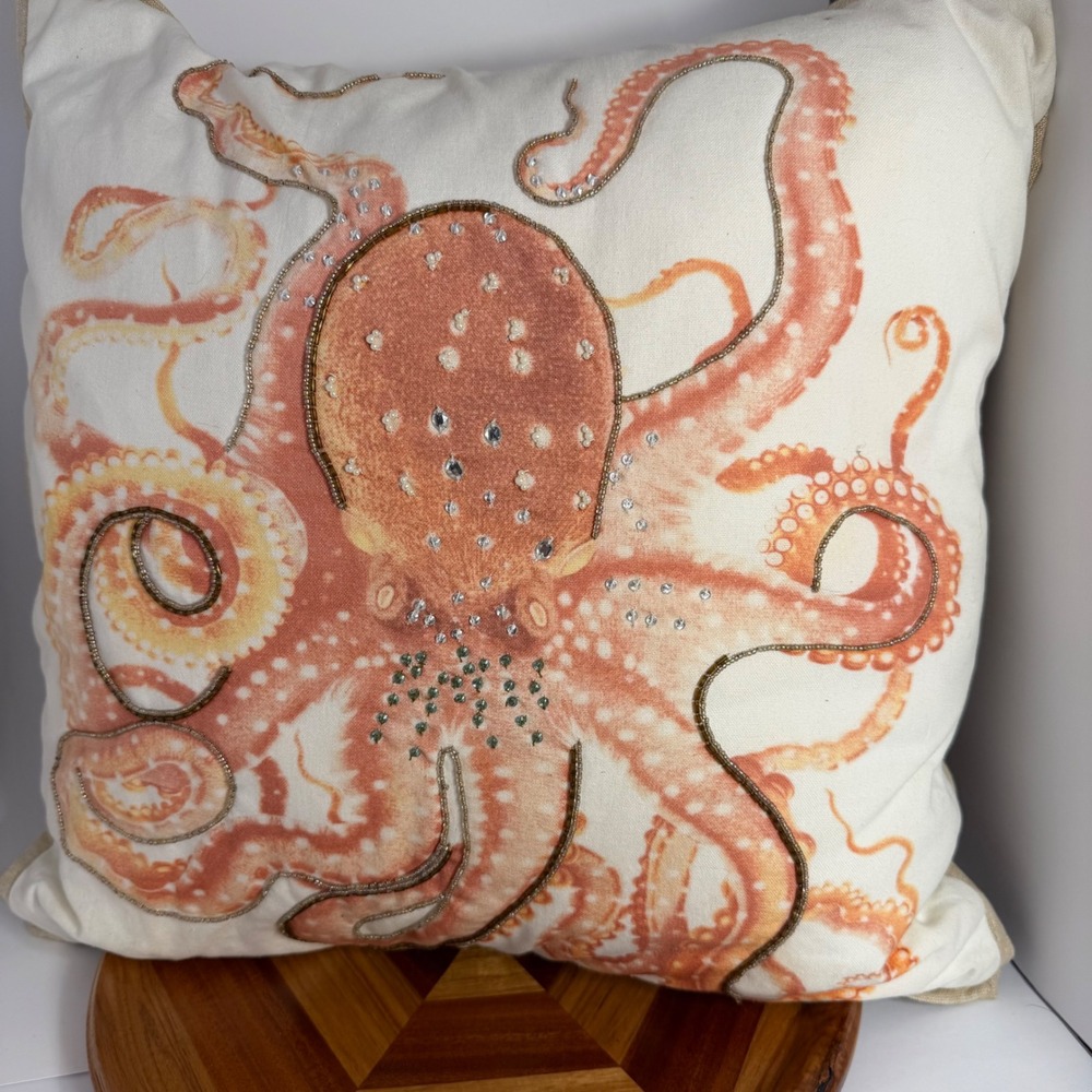 Coastal Beaded Octopus Throw Pillow Orange Cream Nautical Decor 16x16